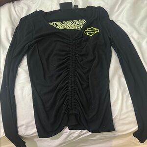 Harley-Davidson Black Ruched Blouse with Green Accents